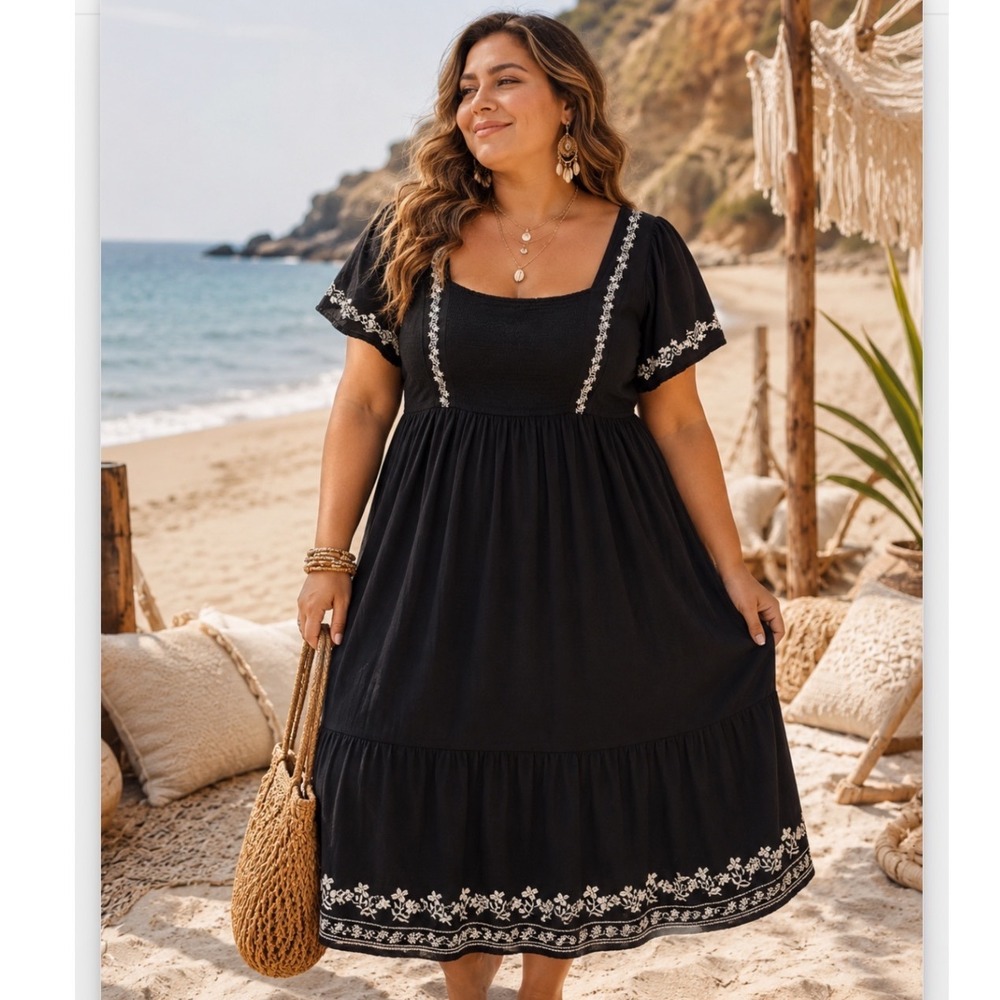 Beach casual summer fall embroidered black and white floral dress with pockets